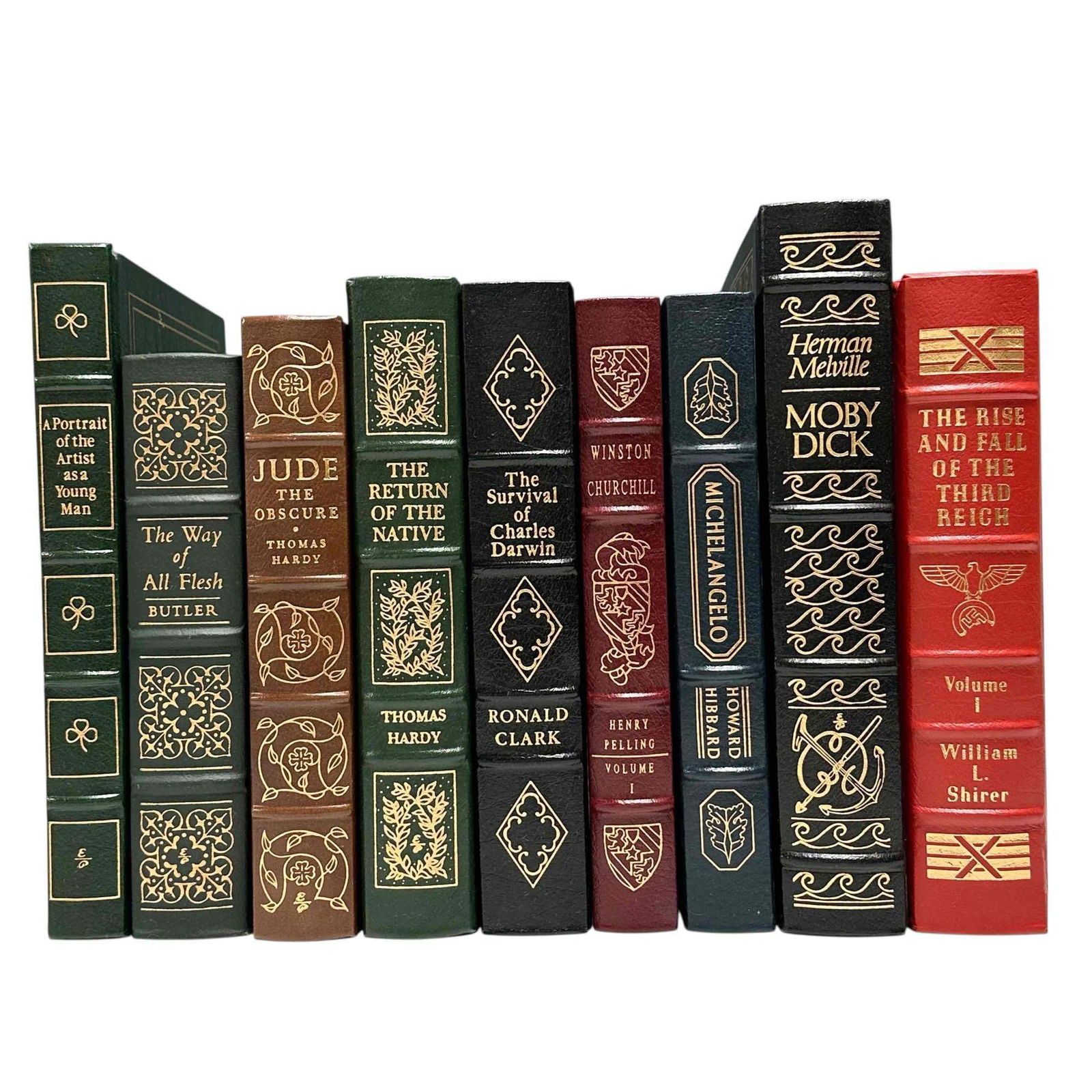 Nine (9) Leather Bound Books - Easton Press: Nine leather bound books from Easton Press. Bound in various colors with fine gilt decoration. Contains notable titles such as The Rise and Fall of the Third Reich Vol. 1. All books are in excellent c