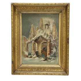 Expertly Executed Winter Town Scene - Oil on Board Painting