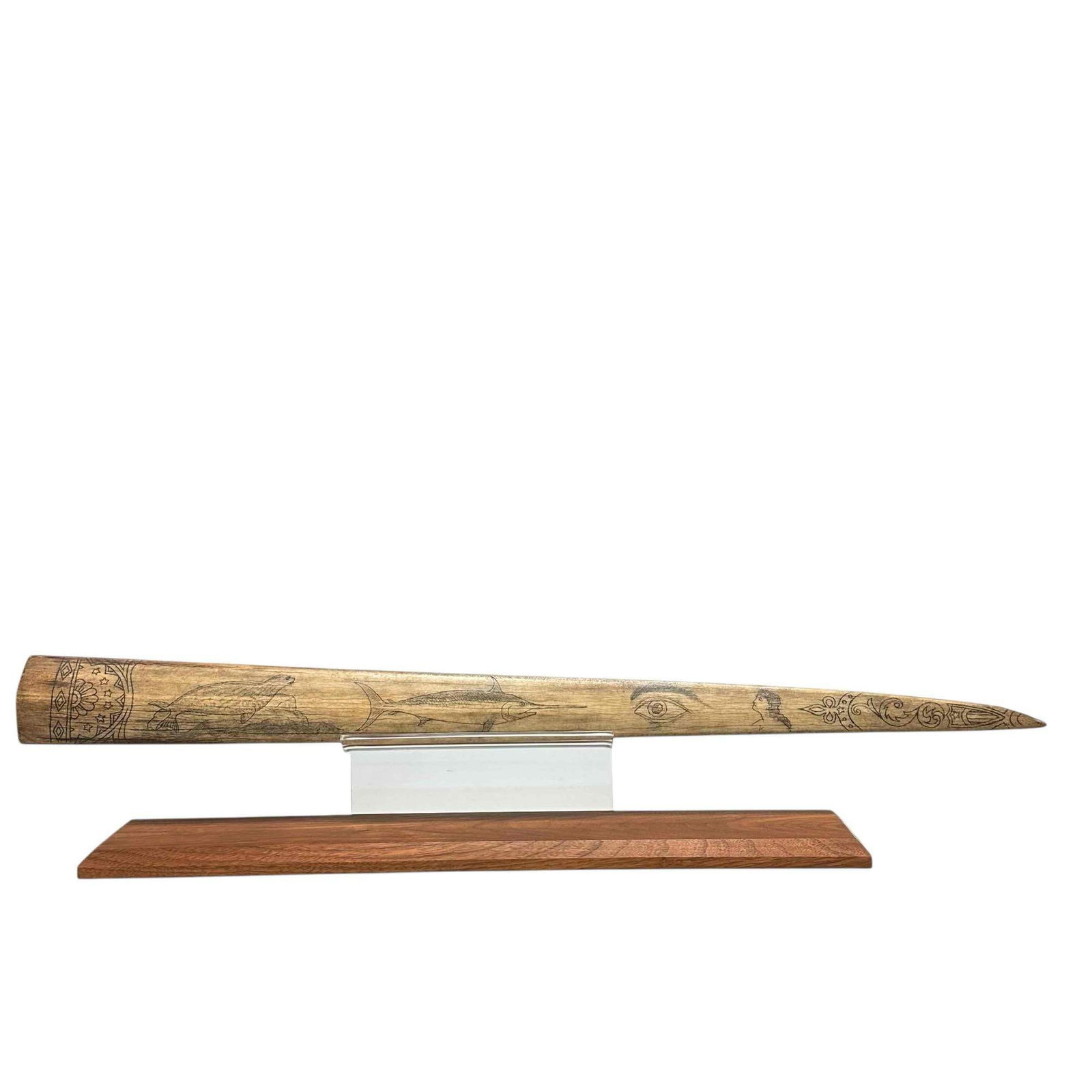 Early Scrimshaw Swordfish Bill on Teak Stand: Fine etched scrimshaw depicting walrus, swordfish, eye and scroll work as shown on antique swordfish bill displayed on custom Lucite and teak wood stand. Bill measuring approx 30" in length. Good cond