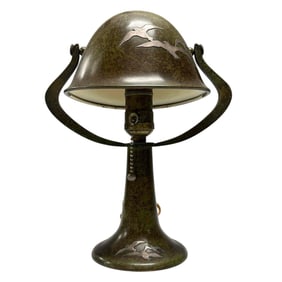 Heintz C.1915 Sterling on Bronze Green Seagull Helmet Lamp