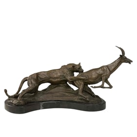 Big Cat Safari Hunting Gazelle Bronze Sculpture after Barye