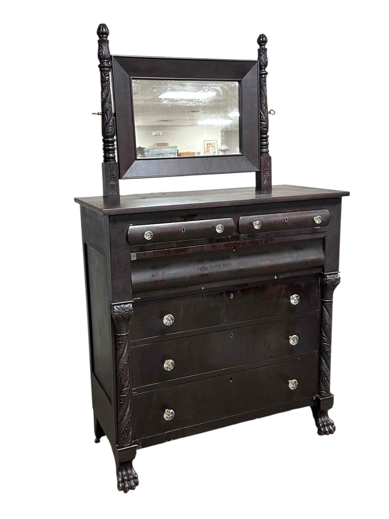 Mid 19th C. American Empire Paw Foot Highboy: Measuring approx 76" tall (mirror top) 47" top surface x 44" w x 20" d. Some veneer loss and normal scuffs and wear consistent with age, See photos