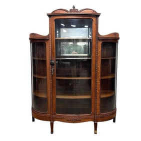 19th Century American Oak Curved Glass China Cabinet