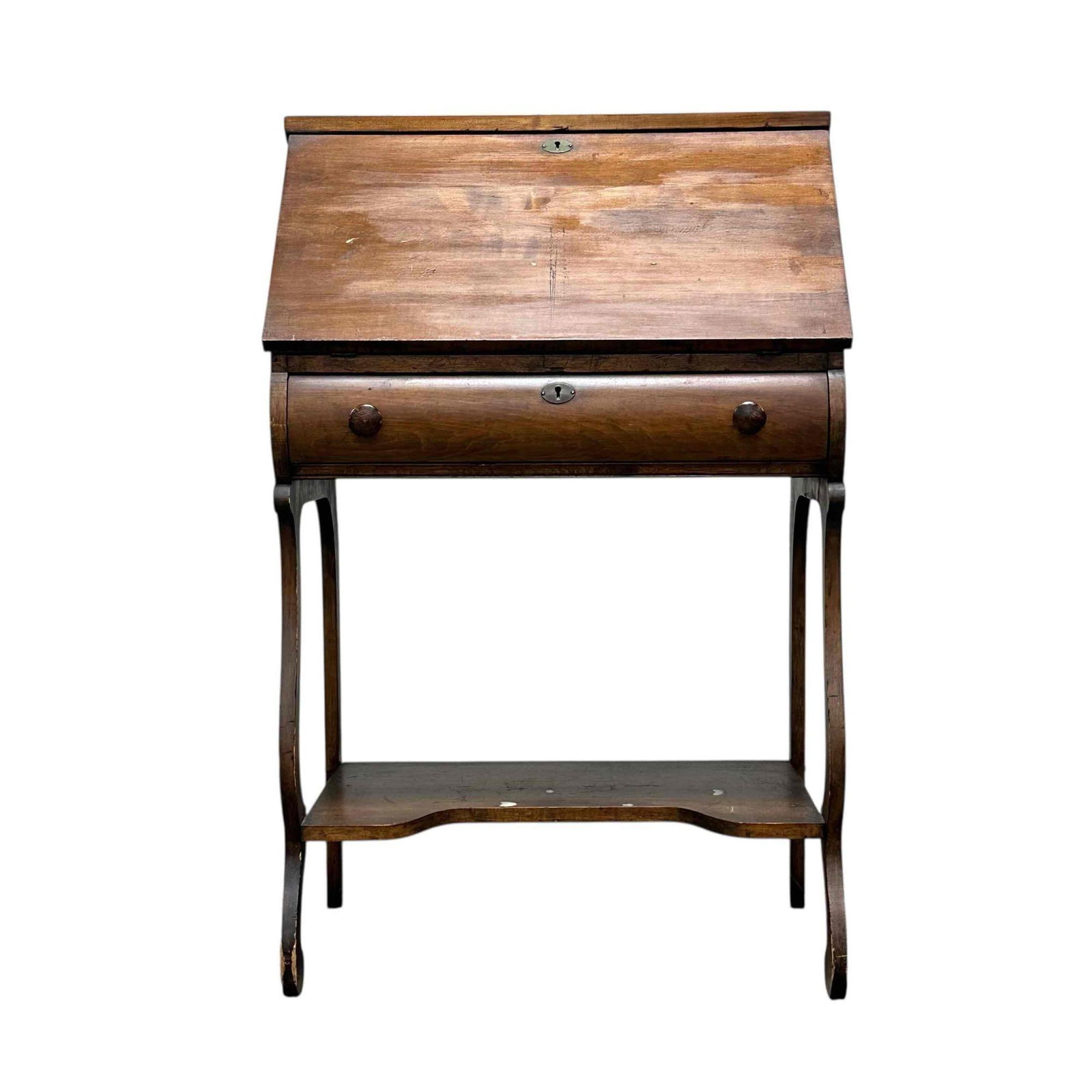Antique Slant Front Writing Desk: Measuring approx 40" h x 26" w x 17". Light use and wear consistent with age, see photos