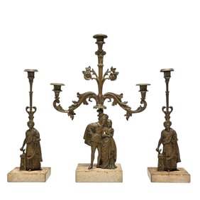 3pc Bronze Girandoles Set on Alabaster Bases
