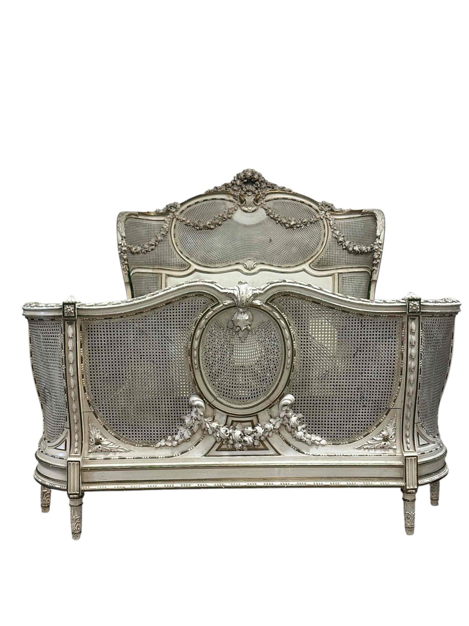 French Louis XVI Carved and Painted Caned Bed (1 of 13)