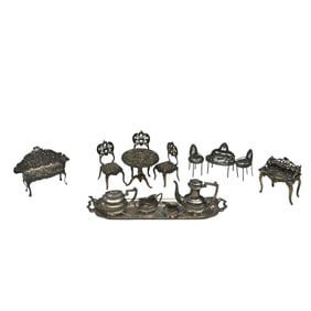 Silver Miniature Furniture and Tea Service Set