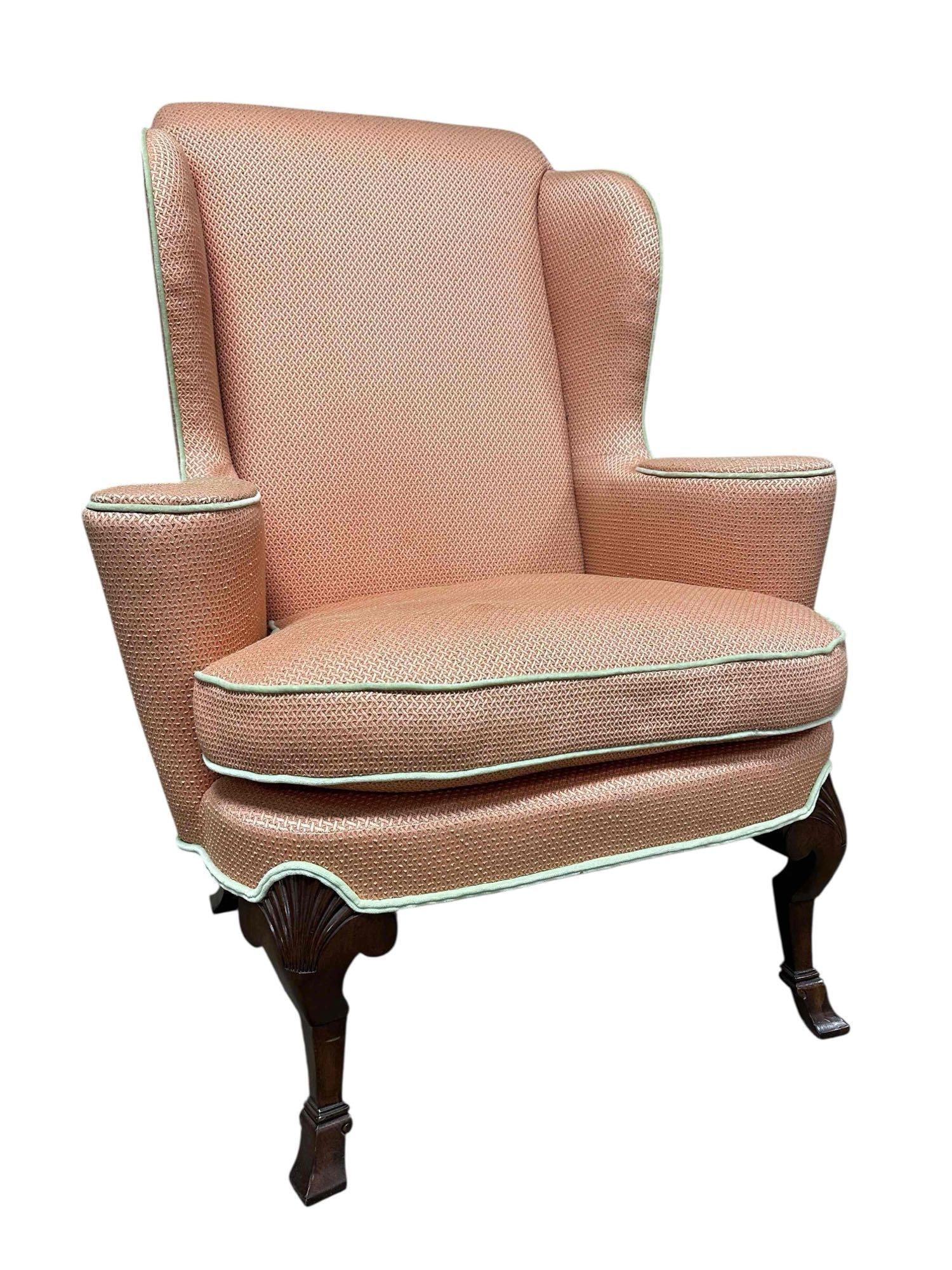 BAKER co. Wingback Fireside Arm Chair: Baker Furniture pink damask Custom Upholstered Wingback Chair. Measures approx 44" h x 35" w x 27" d seat height 19 inches. Good condition and BAKER label under seat cushion as shown, see photos