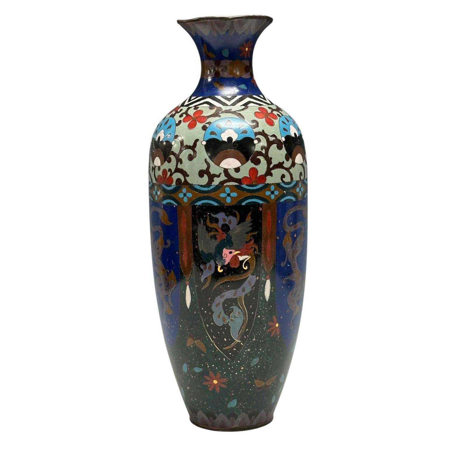 Early Chinese Cloisonne Enameled Vase: decorated in typical oriental motif as shown. Condition over some wear and cracking as shown, see photos. Measuring approx 18" h x 7" diameter