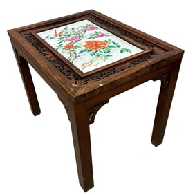 Chinese Rose Famille Porcelain Plaque Rosewood on Stand