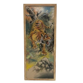 Early 20th C. Crouching Tiger Asian Painting on Silk
