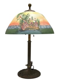 Miller Art Nouveau Lamp with Reverse Painted Shade