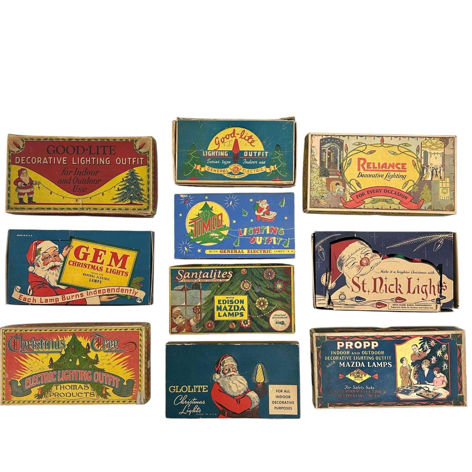 Vintage Christmas Light Collection and Boxes (11): Large collection of vintage Christmas lights and boxes including; Westinghouse St. Nick, Reliance, Santalites Edison Mazada, General Electric, Thomas Products, Glolite, Timco, Propp and GEM. Most ligh