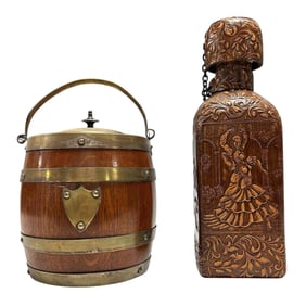 English Biscuit Barrel Leather Wrapped Decanter