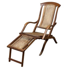 Folding Caned Steamer Lounge Deck Chair with Footrest