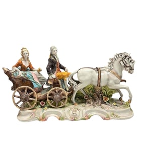 Large Italian Capodimonte Horse Drawn Chariot Center Piece