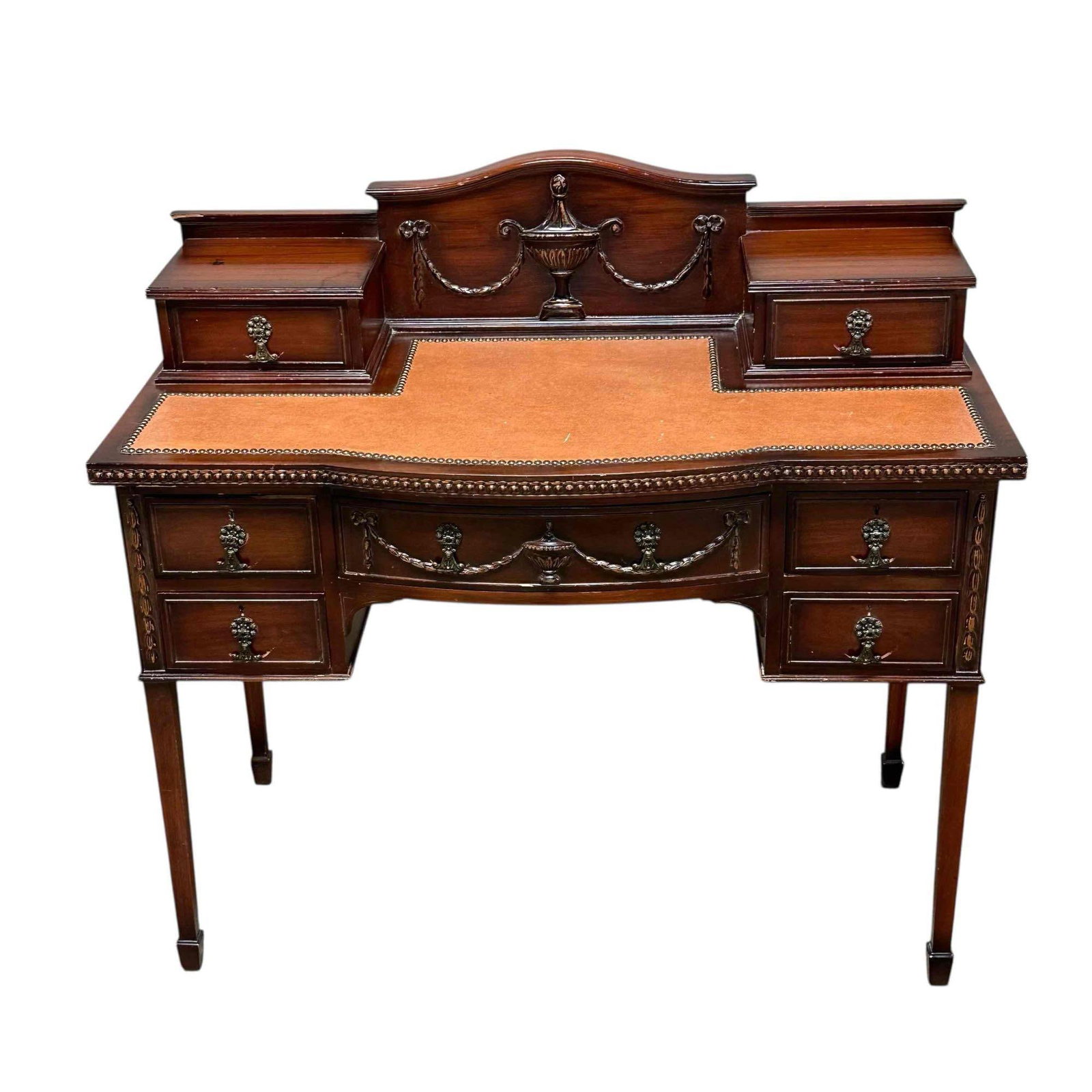 A mid 20th Century French Style Writing Desk: Writing desk with leather top and tiered drawers. Measures approx. 30" H x 42" W x 21" D. Light use and wear, scuffs as shown, overall good and sturdy, see photos