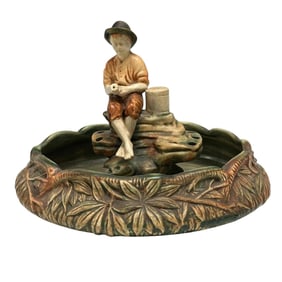 Weller Flower Frog "Fishing Boy" in Console Bowl Ca. 1920