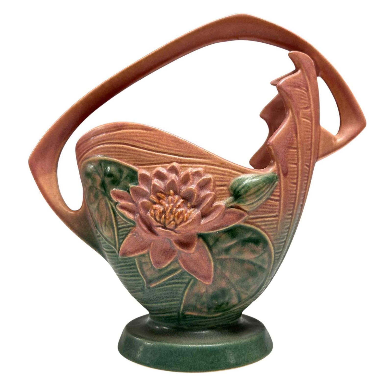 Roseville Pottery Water Lily Basket Circa 1943: Nice example of Roseville Pottery art deco era Water Lily design basket. Marked on base 382-12 and measuring approx. 12" tall to crest of handle. In good condition with no breaks, chips or cracks, see
