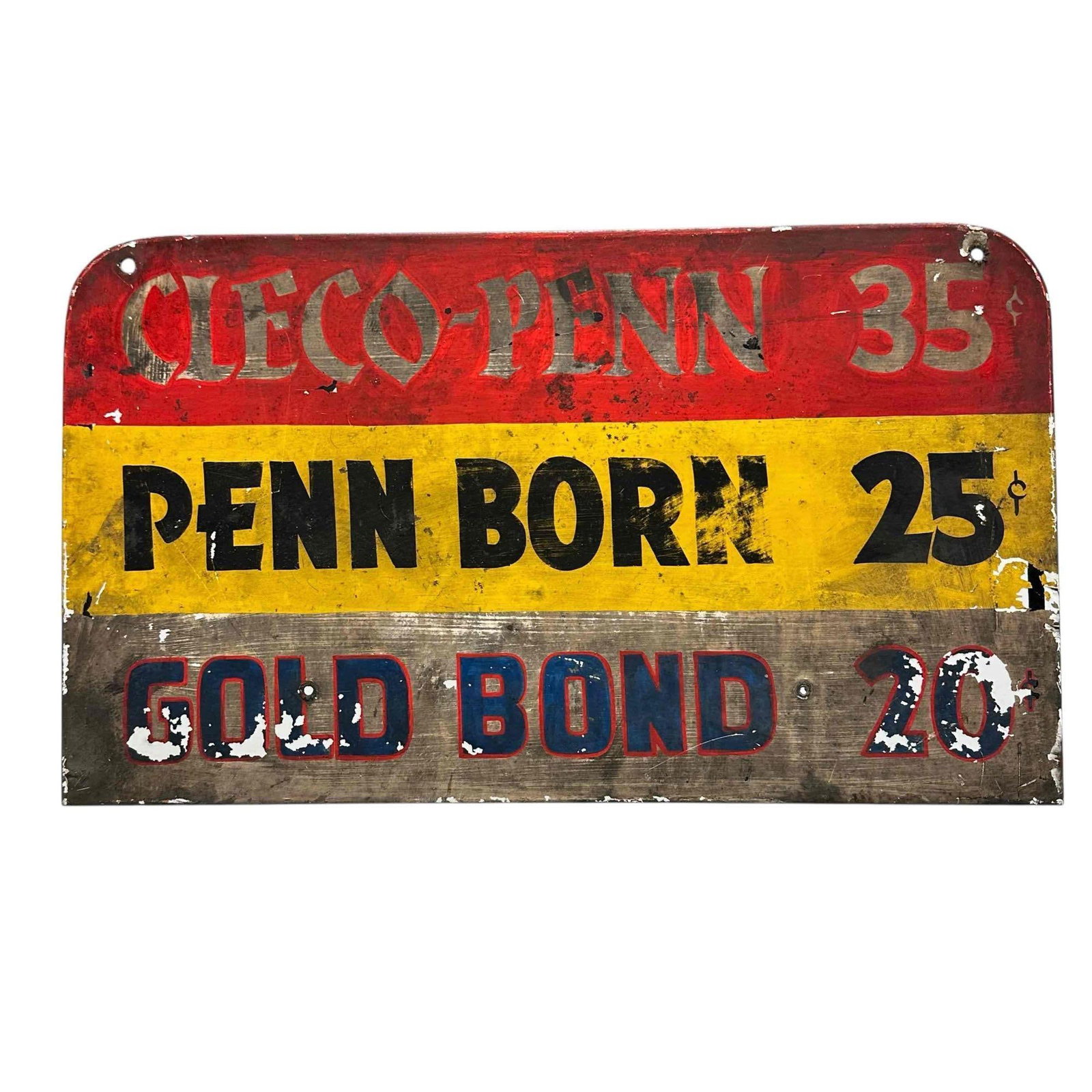Oil and Gas Station Double Sided Porcelain Advertising Sign: Vintage Cleco-Penn, Penn Born and Gold Bond double sided porcelain service station prices sign. Measuring approx. 1.5" tall by 18" wide. In age appropriate condition with signs of age and wear, see ph