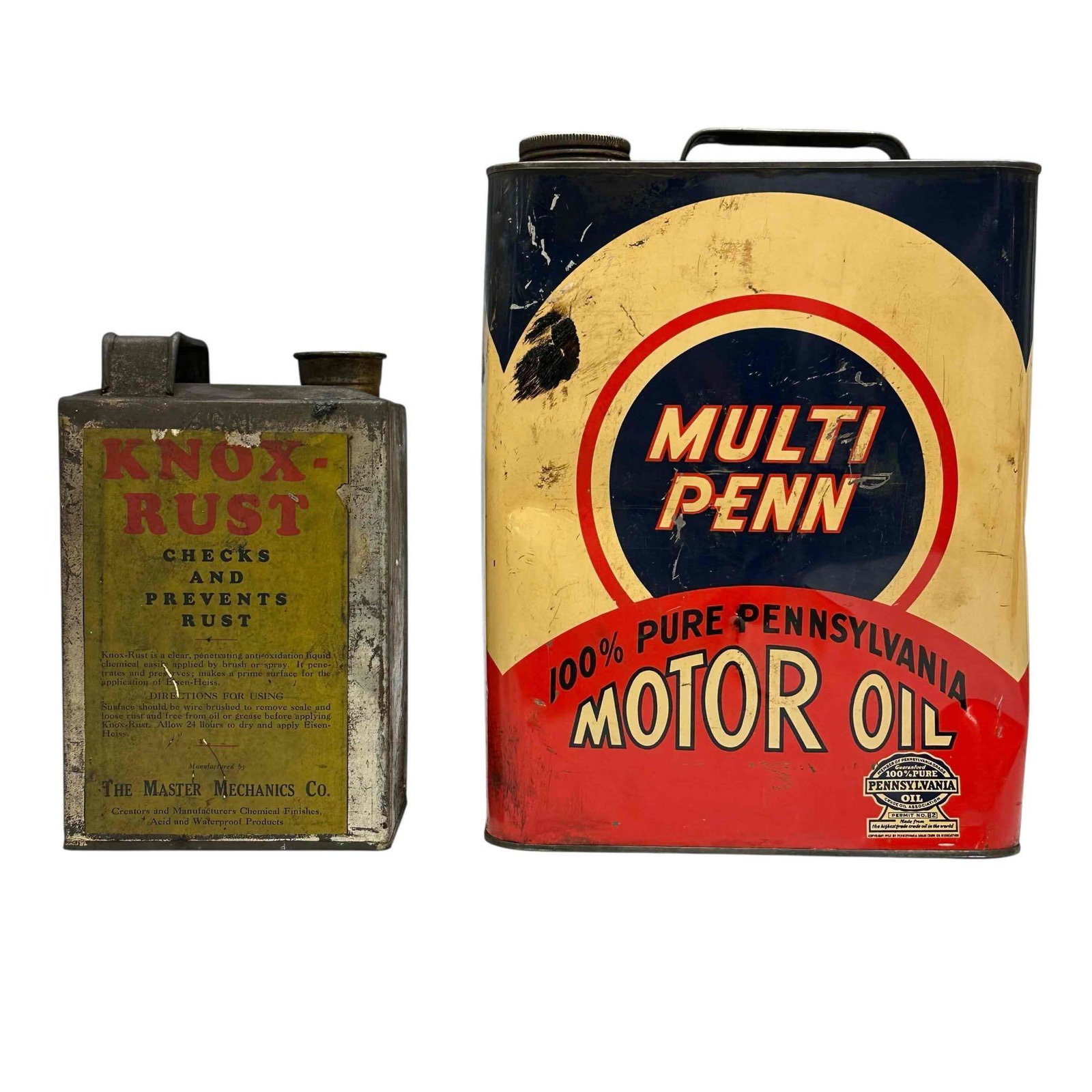 PENNSYLVANIA Multi Penn Motor Oil Knox Rust Cans: Vintage Multi Penn Pure Pennsylvania Motor Oil two gallon can and Knox Rust prevention can. Both in vintage used condition with the motor oil be dented in front, see photos.
