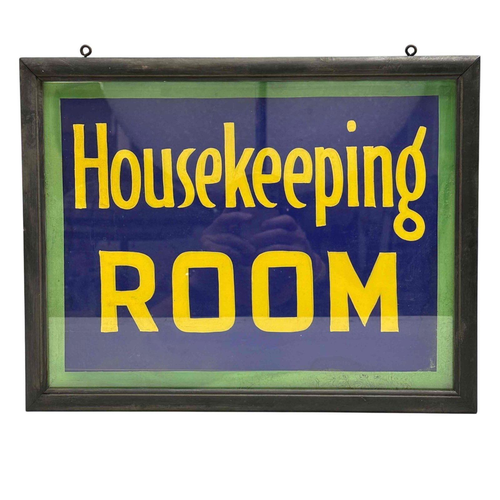 Framed Housekeeping Painted Sign: Vintage hand painted with yellow lettering on blue backdrop and green trimming. Measuring approx. 12" tall by 15" wide. In good condition, see photos.