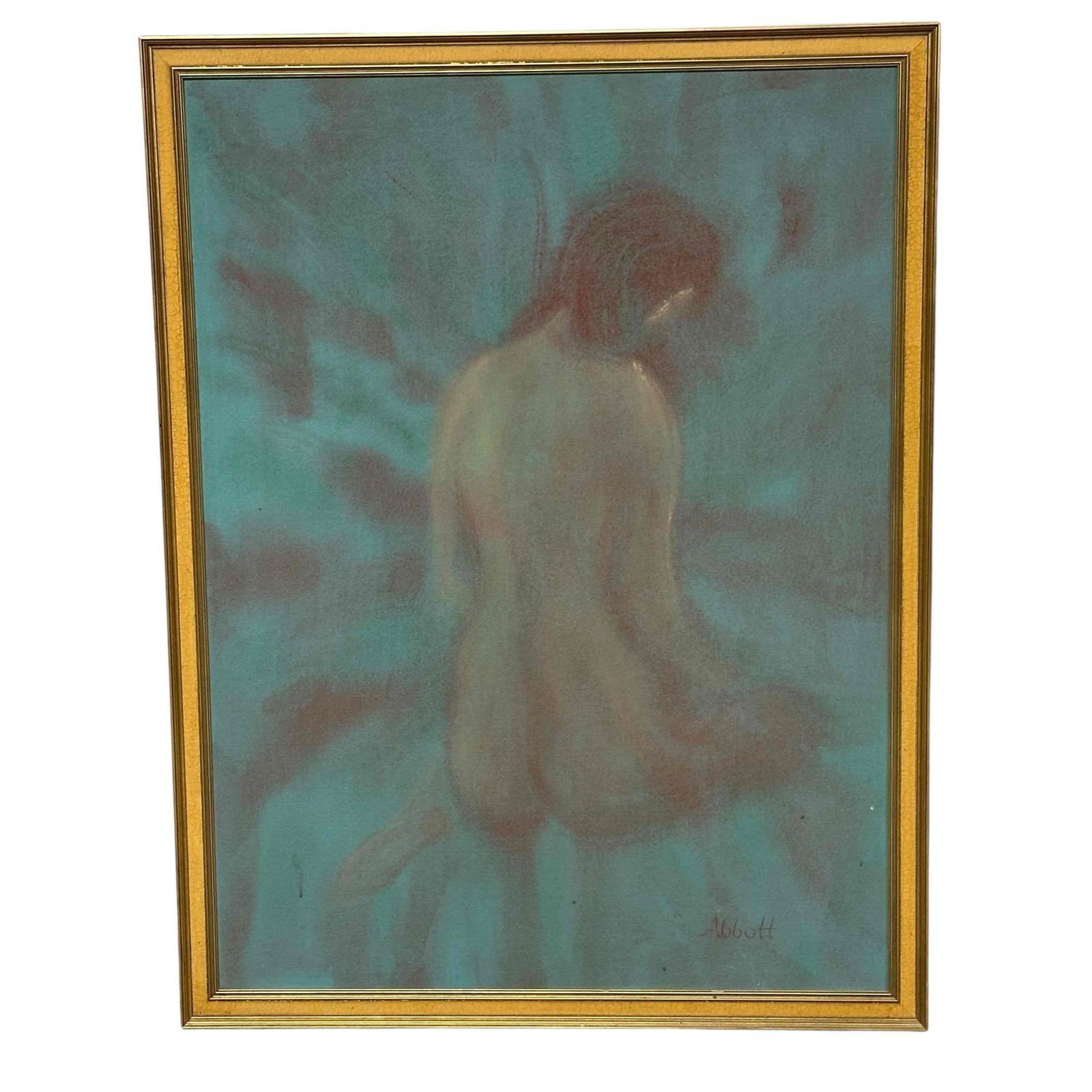Art Deco Style Nude Oil on Masonite Board Signed Abbott: A very subtle and tasteful painting Inspired by Camille Roche (1894-1948)oil on board of a nude female seated figure. Measuring approx 52" h x 32" w including the frame. Signe Abbott in lower right as