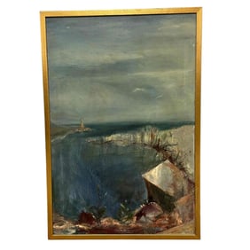 Mid Century Modern Lighthouse Shoreline Oil on Canvas