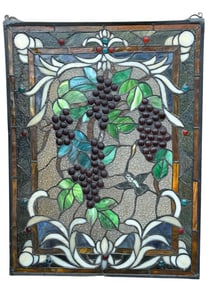 Hummingbird and Grape Motif Leaded Glass Window Panel