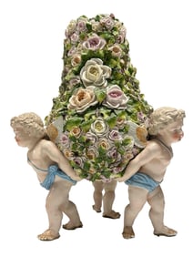 German Porcelain Flower Encrusted Cherub Centerpiece