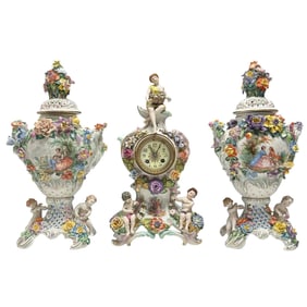Dresden Three Piece Figural Porcelain Mantle Clock Urn Set