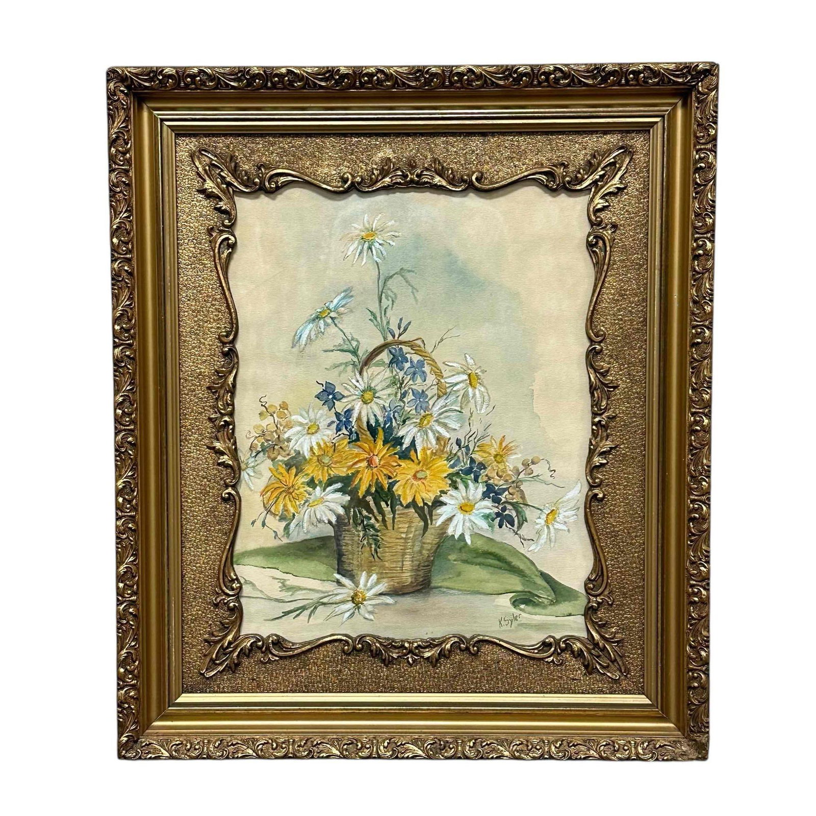 20th Century Flower Bouquet Watercolor by K. Syler: Signed in lower right as shown and set in ornate gold gilt frame. Measuring approx 29" h x 24.5" w. Light frame wear, overall very good as shown, see photos. Wonderfully painted, framed and ready for 