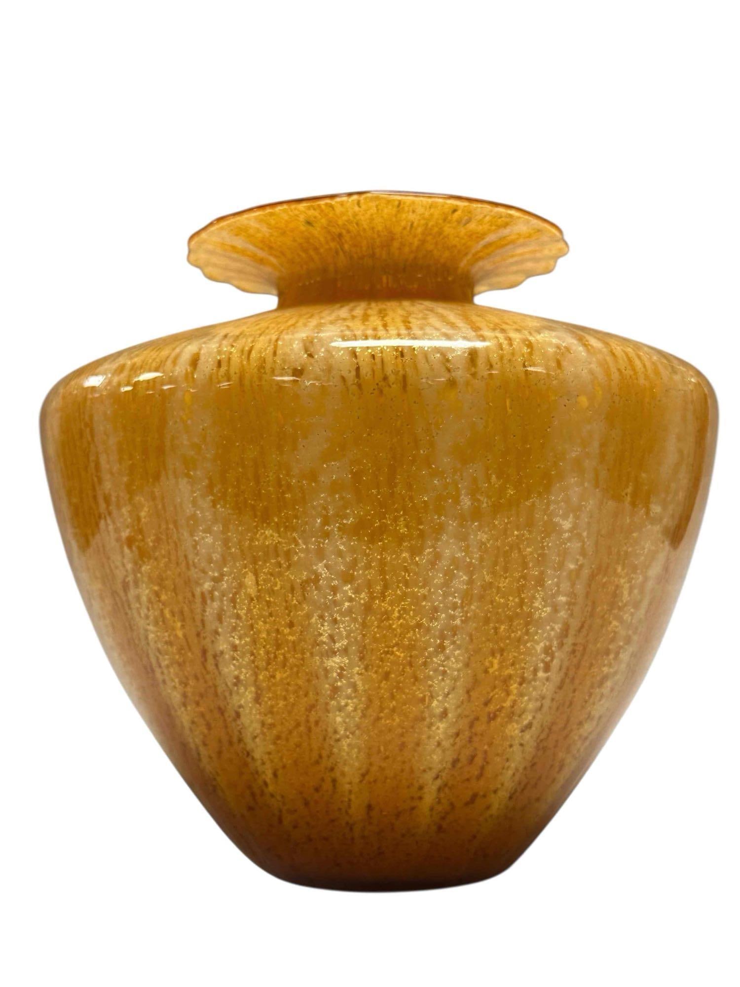20th- Mid Century Modern Italian Art Glass Vase: Yellow, golds and gold flake art glass with bell form and scalloped open rim top. Measuring approx 10" diameter x 9" tall. Wonderful display and choice in color, see photos, no issues