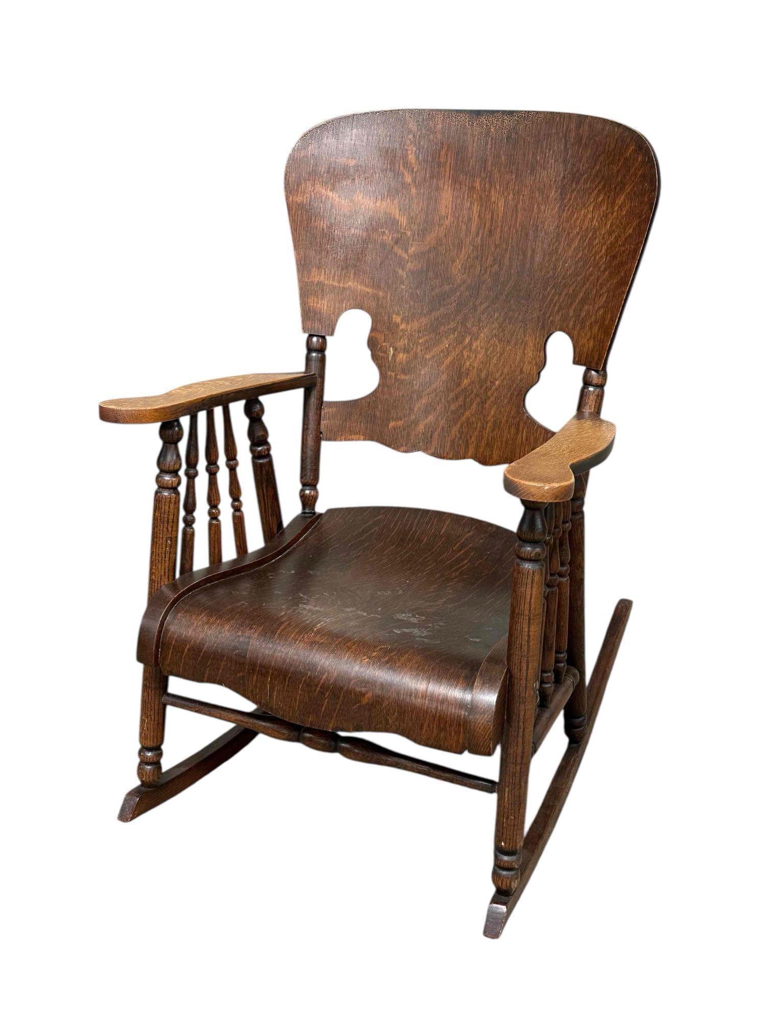 Late 19th Century American Oak Rocking Chair: Good overall age appropriate condition, as shown, see photos