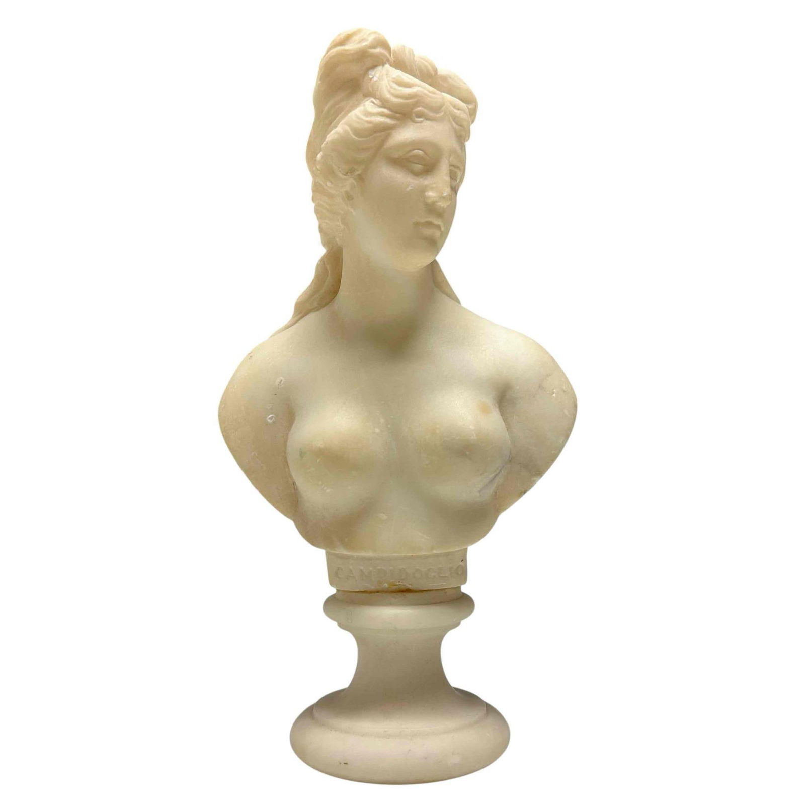 Nude Goddess Venus White Marble Bust: Italian white marble nude bust of the mythological goddess Venus. Engraved "CAMPIDOGLIO" just above the pedestal base which refers to Capitoline Hill in Rome Italy. Measuring approx. 9" tall. In overa