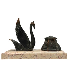 Bronze Art Deco Swan Inkwell on Marble