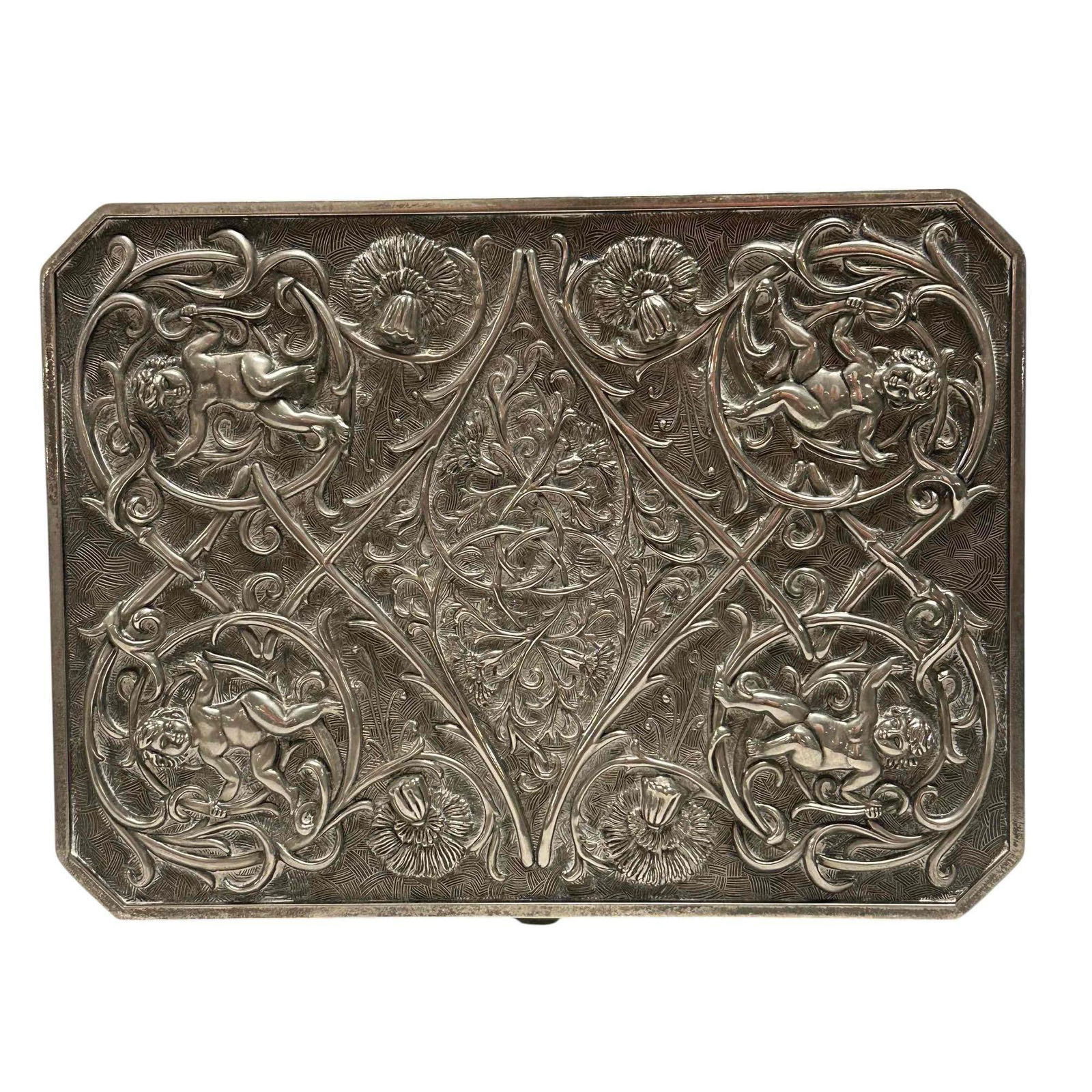 Godinger Silver Plate Cherub Jewelry Box: Silver plate Godinger jewelry box decorated with cherubs and vine decor. Measuring approx. 9.5" wide by 7" deep by 2.75" tall. In good condition with inside felt loose, see photos.