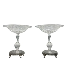 Fine Pair of Etched Glass Tazza Compotes on SP Bases