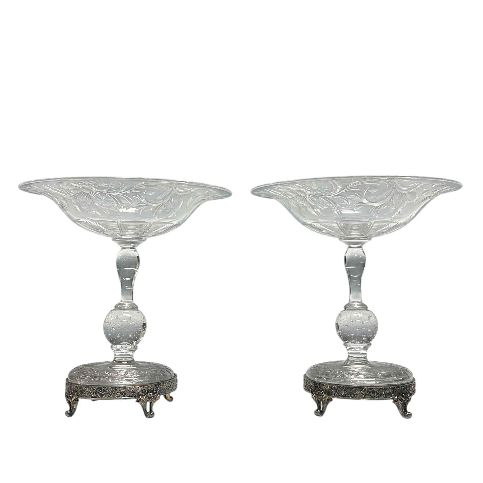 Fine Pair of Etched Glass Tazza Compotes on SP Bases (1 of 20)