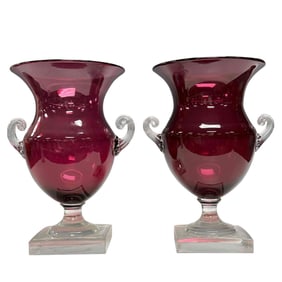 A Fine Pair of Cranberry Chiller Urns on Colorless Pedestals