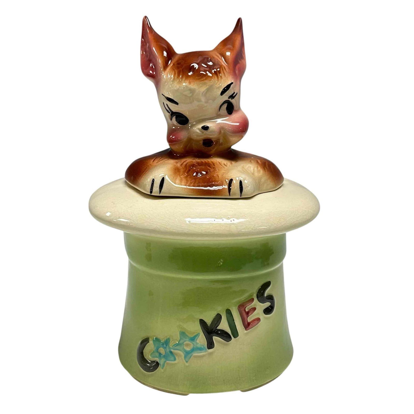 American Bisque "Magic Bunny" Rabbit in Hat Cookie Jar 1950's - Green Hat: This cookie jar features an adorable brown bunny rabbit peeking out of a green magician's top hat, with "COOKIES" embossed on the front of the hat. USA embossed on backside. Age appropriate condition