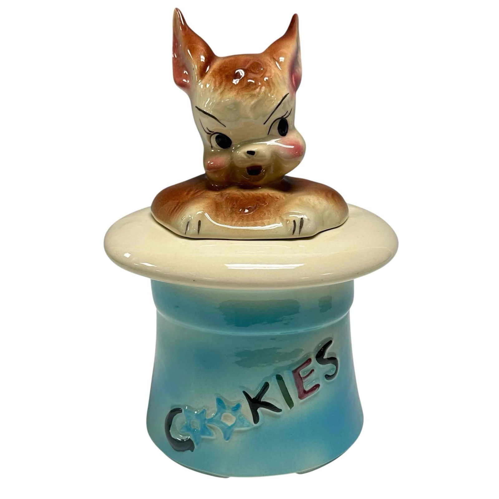 American Bisque "Magic Bunny" Rabbit in Hat Cookie Jar 1950's - Blue Hat: This cookie jar features an adorable brown bunny rabbit peeking out of a blue magician's top hat, with "COOKIES" embossed on the front of the hat. USA embossed on backside. Age appropriate condition w