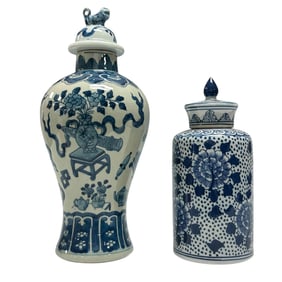 Lidded Blue and White Porcelain Vessels (2)