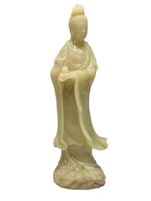 Chinese Carved Celadon Jade Figural Guanyin Statue