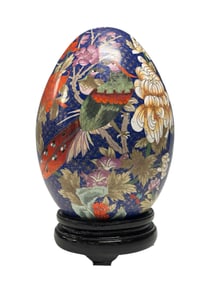 Monumental Chinese Cloisonne Peacock Egg on Stand