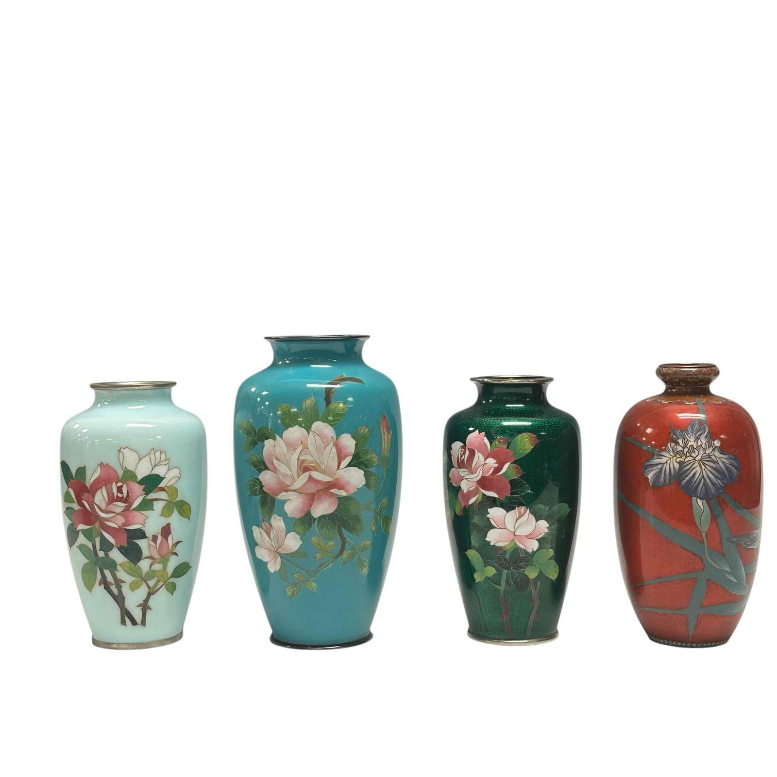 Enameled Cloisonne Floral Vases Ando Shippo (4): Group of four cloisonne enameled floral vases including a signed SATO Ando Shippo. Measuring approx. 6.25" to 7.25" tall. In good age appropriate condition, see photos.