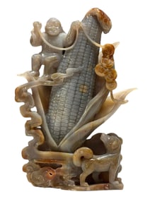 Carved Hardstone Boy on Corncob with Dog