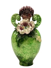 Green Glazed Applied Flower Double Handled Pottery Vase