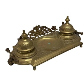 19th Century French Brass Double Inkwell Desk Set