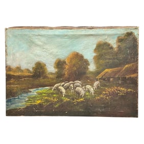 Late 19th C. Sheep Landscape Signed Oil on Canvas